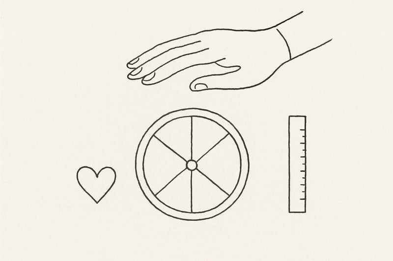 Minimalist line art of a calm hand hovering over a simple wheel, with a small heart and ruler nearby, symbolising head–heart balance in modern teamwork.